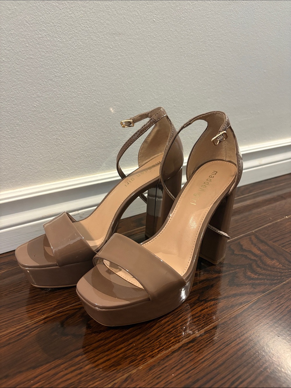 Madden Girl Taupe Patent Platform Sandals with Ankle Strap